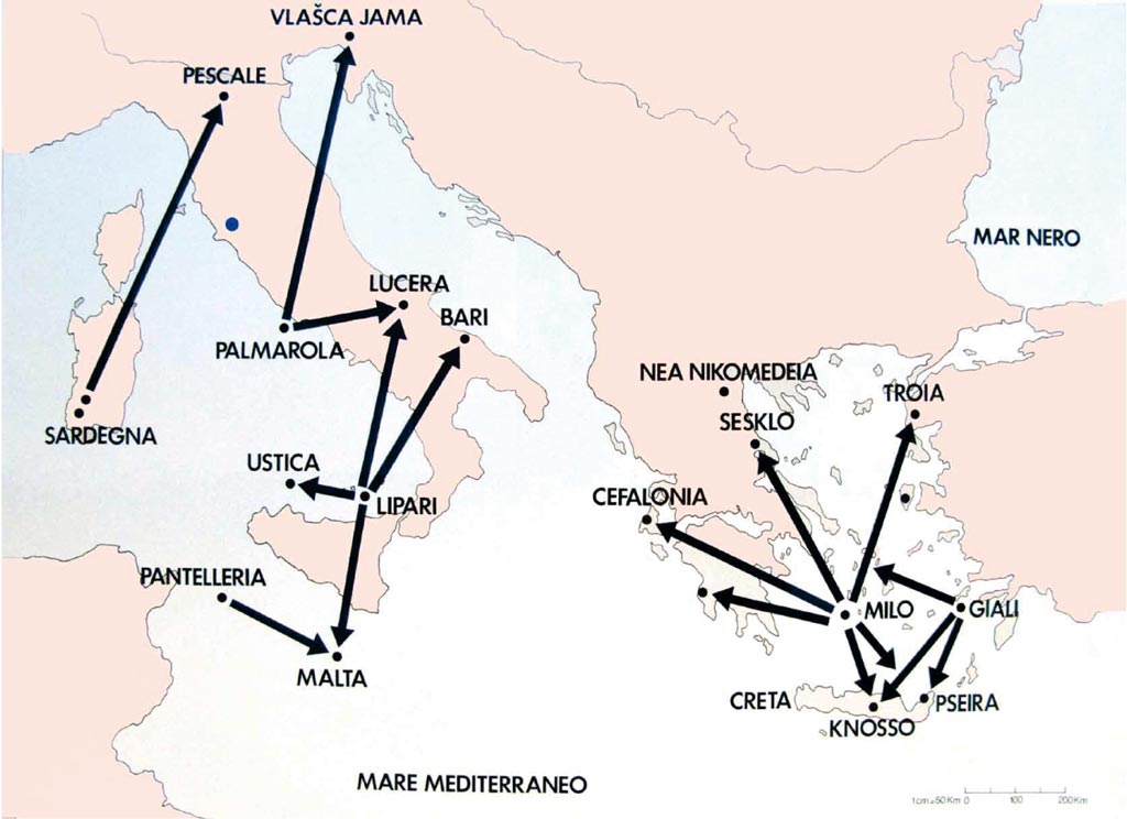 Mappa dei principali luoghi di rinvenimento del neolitico di manufatti di ossidiana e centri di provenienza della materia prima.